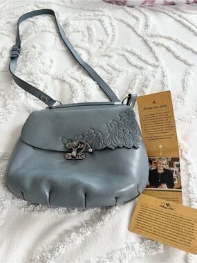Patricia Nash Saddle bag crossover Bag Dusty Blue Leather floral embossed